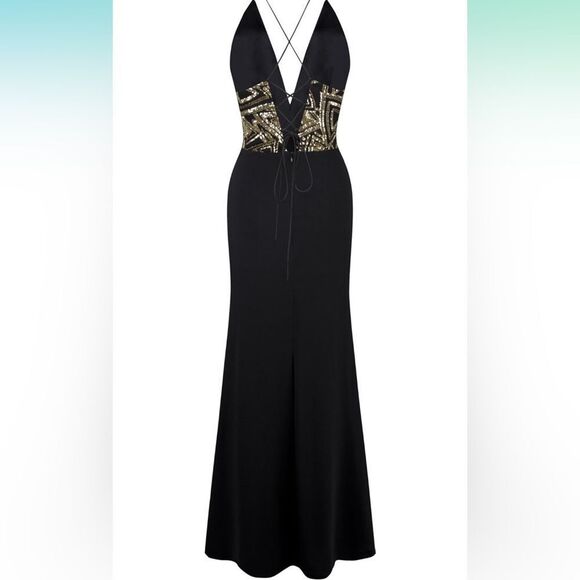 Spaghetti Deep V Neck Cross Back Split Evening Dress - XXL - Picture 3 of 4